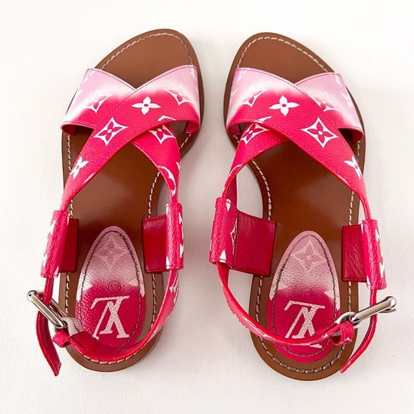 LOUIS VUITTON || Escale Palma Red Pink Ombré LV Monogram Logo Sandals EU 37.5 - Picture 6 of 13